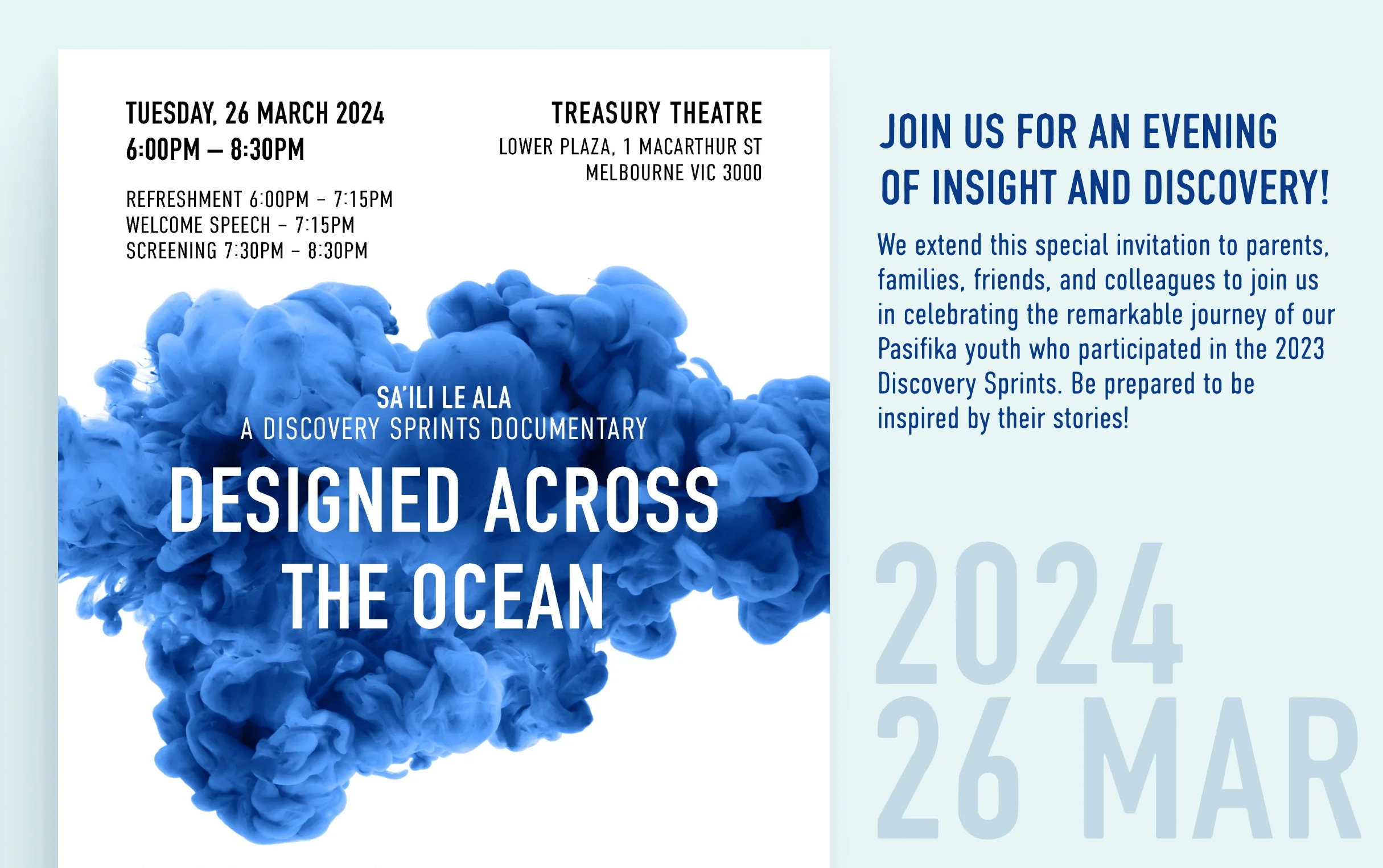 Invitation to Documentary Screening – “Designed Across the Ocean” We extend this special invitation to parents, families, friends, and colleagues to join us in celebrating the remarkable journey of our Pasifika youth who participated in the 2023 Discovery Sprints.